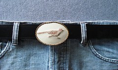 VTG Embroidered Roadrunner Leather Nickel Silver Belt Buckle
