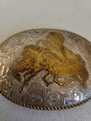 🐎CRUMRINE WESTERN BELT BUCKLE WILD HORSES OVAL SILVERPLATE ON BRONZE🐎