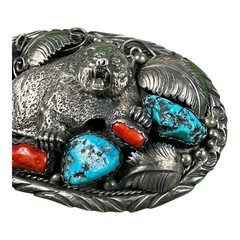Navajo HP Maker Sterling Native American Grizzly Bear Turqoise Coral Buckle 88g