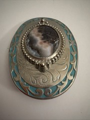 Southwestern Stone Belt Buckle Oval Floral Agate Western Silvertone