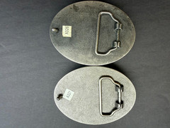 TWO SILVER TONE METAL MOMENTO MORI SKELETON BELT BUCKLES