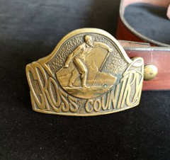 Vintage Cross Country Skiing Metal Belt Buckle and Leather Belt 32&Prime; – 37&Prime;