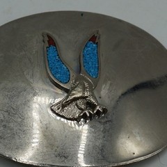 Vintage Eagle Belt Buckle Silver Tone Oval Turquoise Red Inlay Western Fits 2in