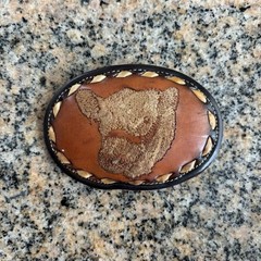 Tony Lama Vintage Leather Belt Buckle Brown Embroidered Cow Head Laced Edge