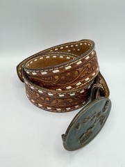 Vtg 1984 Arroyo GrandeBelt Buckle Hawaii Islands w Brown Tru-West Rockmount Belt