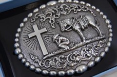 Nocona Western Belt Buckle Cowboy Man at Cross Praying Silver 37374