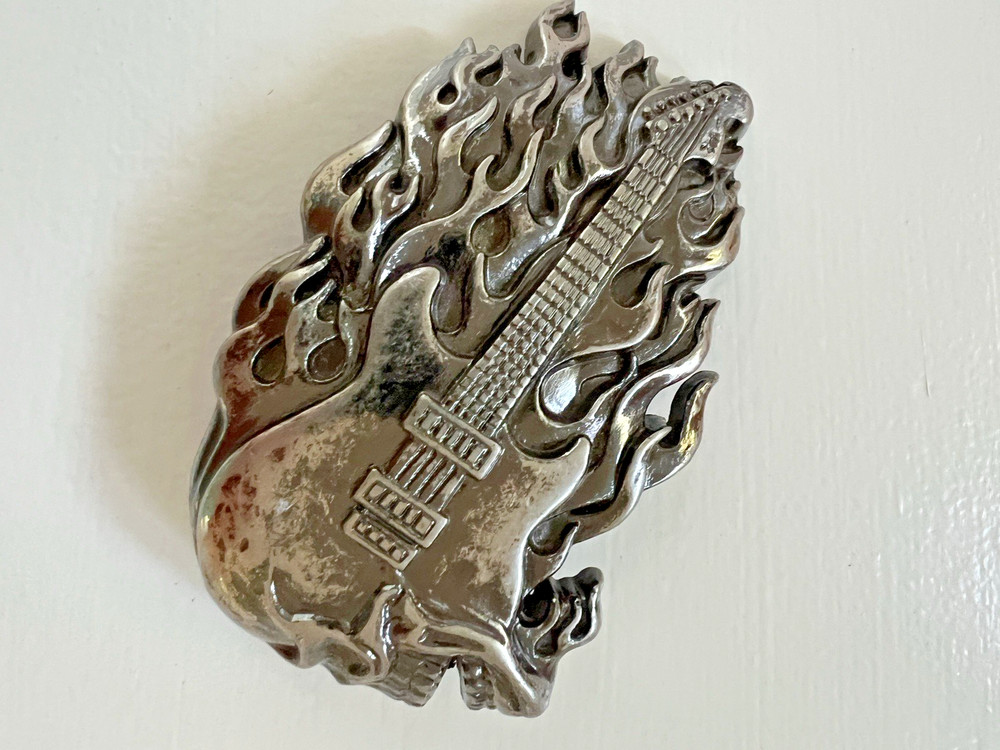 3D Flaming Skull Guitar Heavy METAL Biker Silver-tone Belt Buckle Rock & Roll
