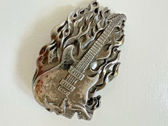 3D Flaming Skull Guitar Heavy METAL Biker Silver-tone Belt Buckle Rock & Roll