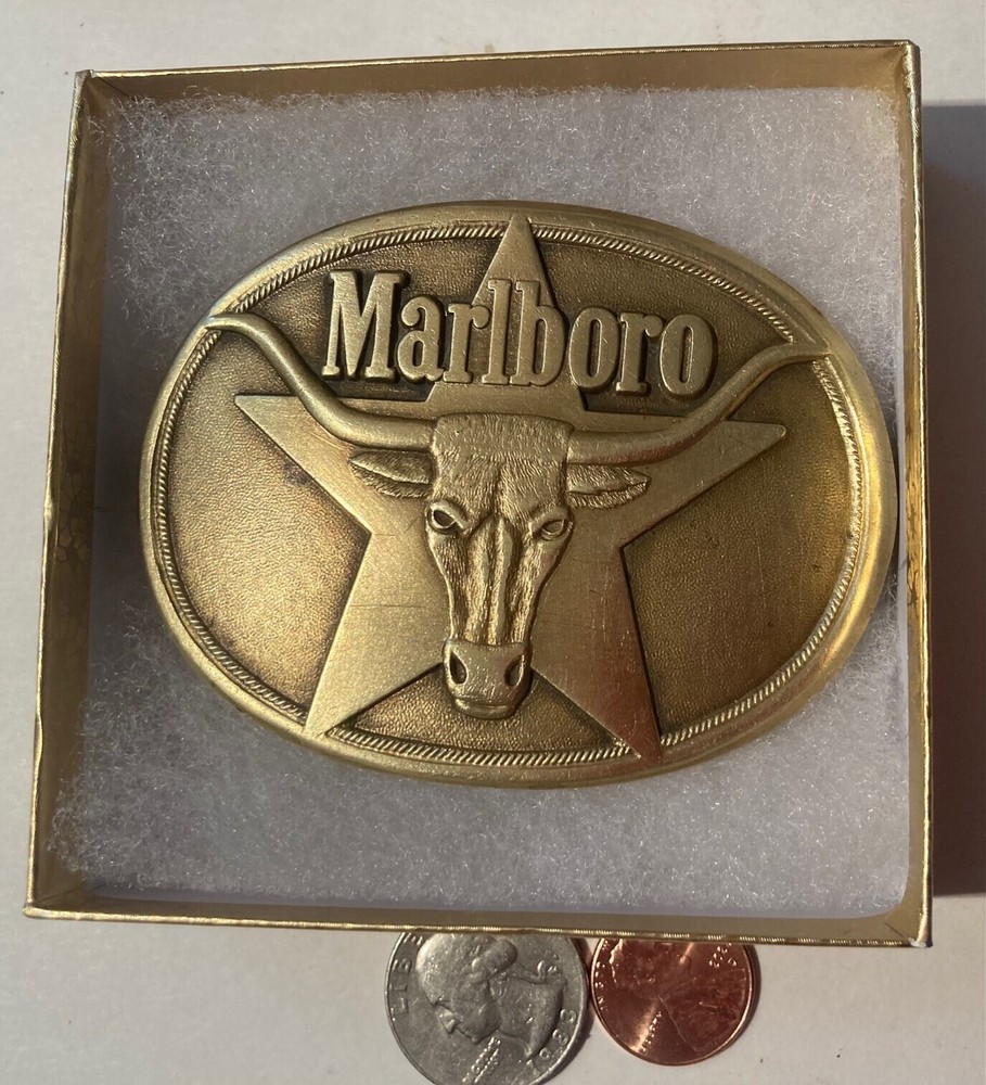 Vintage 1987 Metal Belt Buckle, Marlboro, Cigarettes, Smoking, Longhorn, Bull