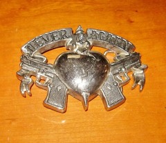 Rock Rebel Belt Buckle Dagger in Heart Buckle Never Again Silvertone Metal
