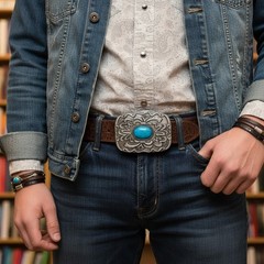 Men Antique Silver Metal Ethnic Belt Buckle Turquoise Filigree Coachella Style
