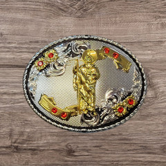 Cowboy Belt Buckle – Saint Jude 4 1/8&Prime;x 3 1/8&Prime; Silver/Black/Gold Tone