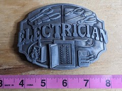 Vintage Electrician Belt Buckle Pewter Tone Metal Electrical Lineman Tools Gift