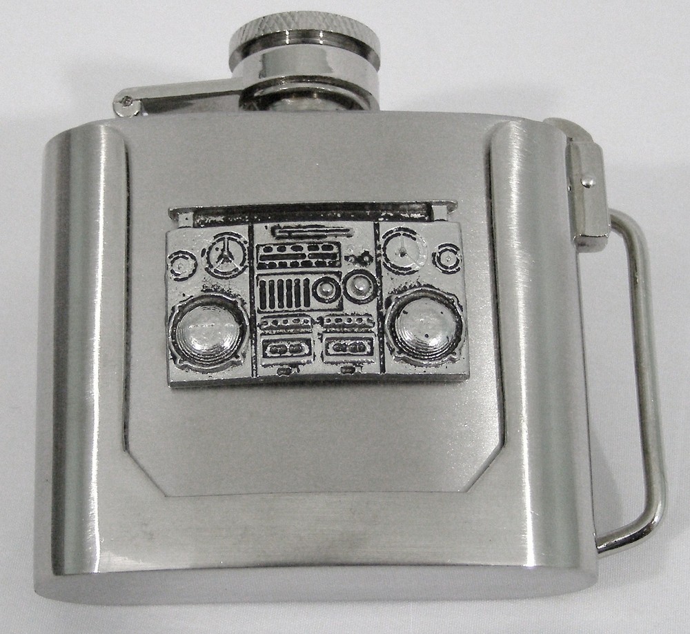 BELT BUCKLES 2 oz Flask Stainless Steel Hinged Screw-Top Lid Silver Western NWOT