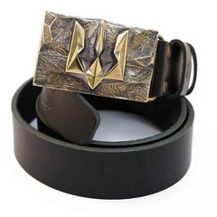 Handmade brass belt buckle « Ice and fire », Ukrainian trident low poly geometric