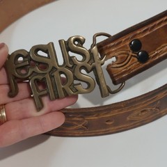 Jesus First Belt Buckle Solid Brass Vintage Handmade Leather Icthus belt 33&Prime;-37&Prime;