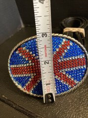 17) Union Jack British Flag Metal Belt Buckle Oval w/ Inset Stones & 36” Belt