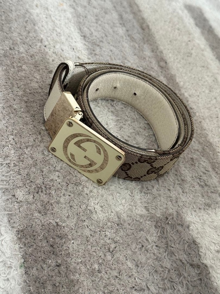 GUCCI buckle belt GG Logo Silver hardware Made in Italy Leather Canvas Beige
