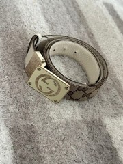 GUCCI buckle belt GG Logo Silver hardware Made in Italy Leather Canvas Beige