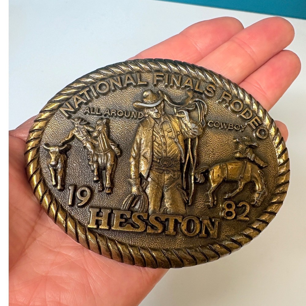 Vtg 1982 Hesston National Finals Rodeo Belt Buckle NFR All Around Cowboy Brass