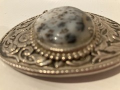 Oval Agate Floral Belt Buckle Silver Tone With Black Enamel 2&Prime; x 3&Prime;