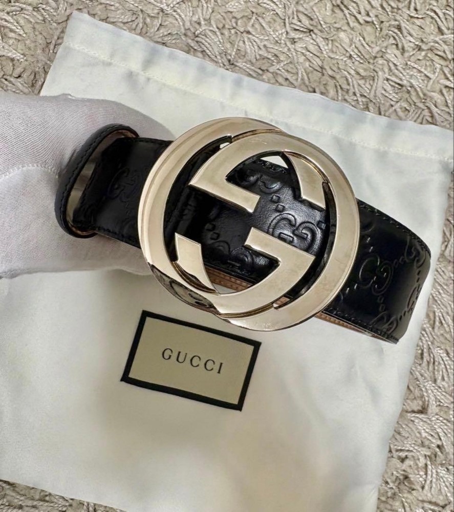 GUCCI buckle belt interlocking G hardware Made in Italy Silver Black With Box