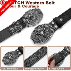 LALATCH Cowboy Belts for Men XS 28&Prime;-32&Prime; Waist, Silver Bull Buckle/ Black