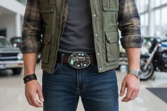 Men Western Buckle Dark Silver Metal Revolver Pistol Gun Feather Bull Turquoise