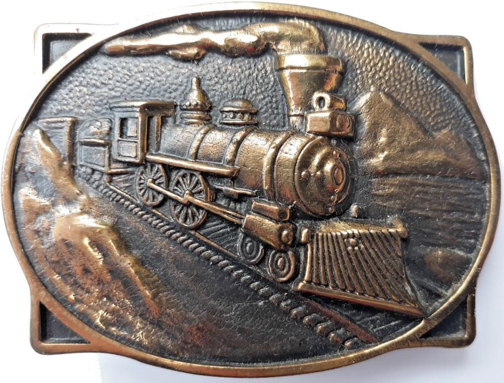1979 BTS solid brass steam locomotive train engine mountain scene belt buckle