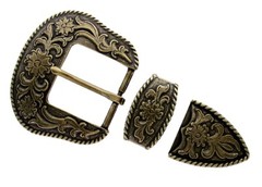 WESTERN COWBOY BRASS FLORAL ENGRAVED ROPE EDGE BELT BUCKLE SET FITS 1-1/2&Prime; BELT