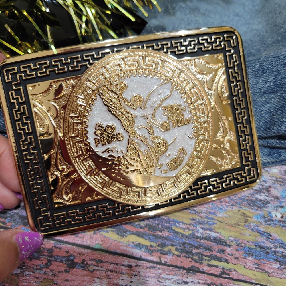 Centenario Cowboy Belt Buckle Western Rodeo Silver Rosetone Coin Rectangle