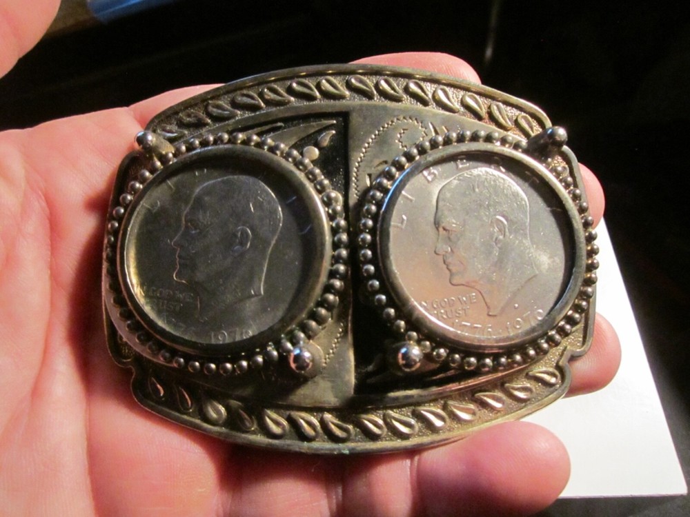 DOUBLE SILVER DOLLAR COINS BELT BUCKLE 1776 – 1976 – HEAVY – BBA-45