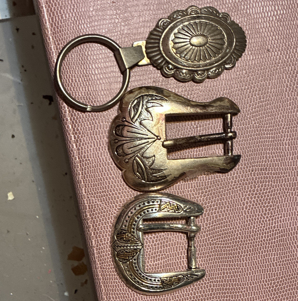Western Engraved Floral Silver-Tone Buckle Lot w/ Key Ring, Fits 1.5&Prime;