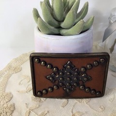 Brass Leather & Studs Belt Buckle~Brown/ Gold Handcrafted ~UNIQUE ~FREE SHIPPING