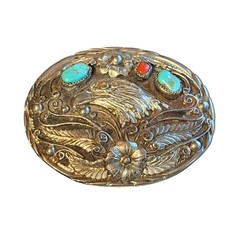 Vintage 1993 Handcrafted USA Eagle Belt Buckle Turquoise Coral Western Silver