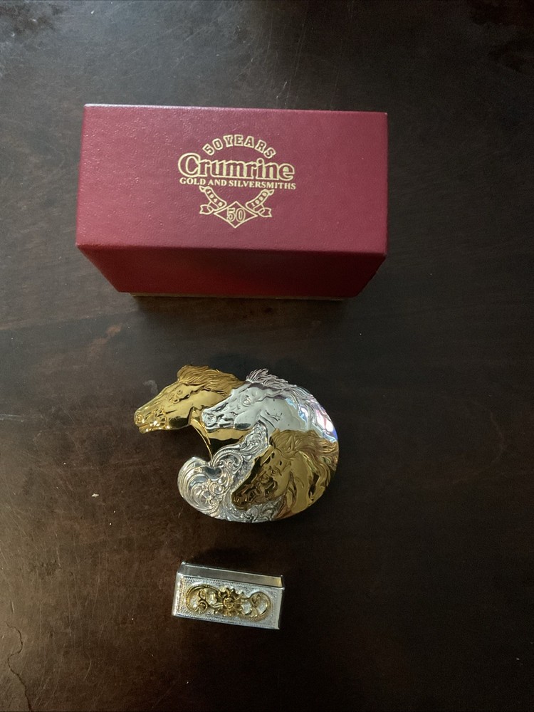 Crumrine 50 YEARS Western Belt Buckle Three Horse Silver Plate on Bronze Leather