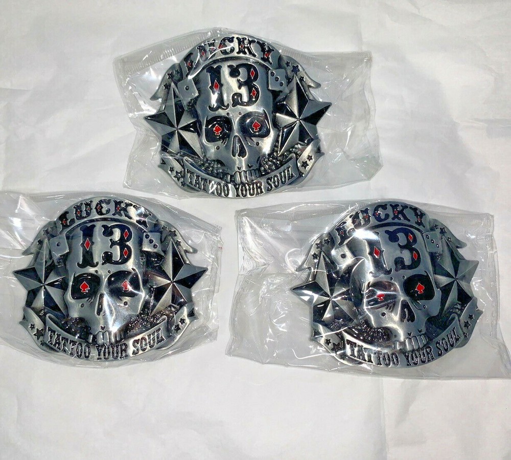 Lucky 13 Tattoo Your Soul Reproduction Skeleton Skull Head Belt Buckle Lot of 3