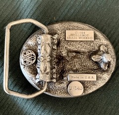 VINTAGE Belt Buckle PEWTER/ENAMEL Antique Convertible Car Fence Farm House 1984