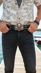 Men Women Silver Fashion Belt Buckle Skull Skeleton Brown Clover Leaf Rock Punk