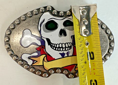 Skull & Crossbones Metal Belt Buckle 4” Studded Edge, Bandanna, And Banner