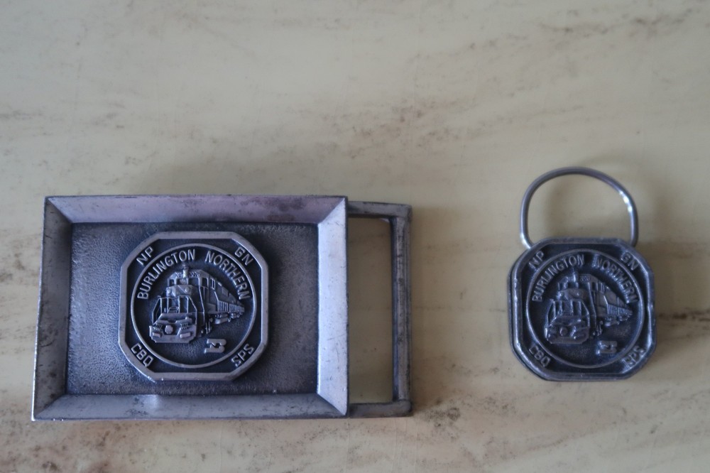 Vintage Burlington Northern Railroad Belt Buckle and Key Ring