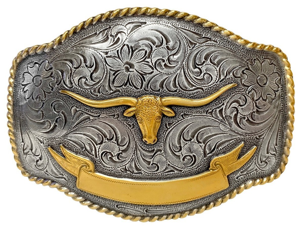 WESTERN ANTIQUE GOLD LONGHORN STEER COWBOY TROPHY BELT BUCKLE