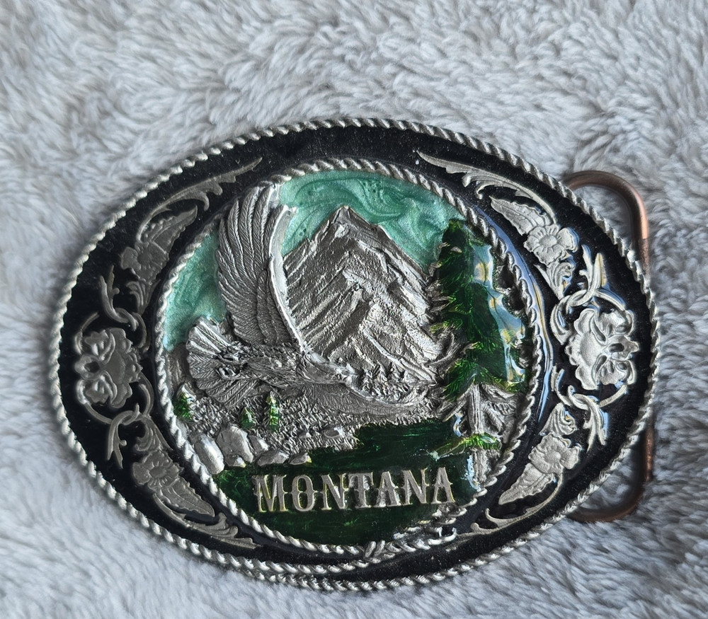 Metal Oval Western Eagle Montana Mountain Belt Buckle Silver Green Engraved