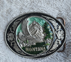 Metal Oval Western Eagle Montana Mountain Belt Buckle Silver Green Engraved