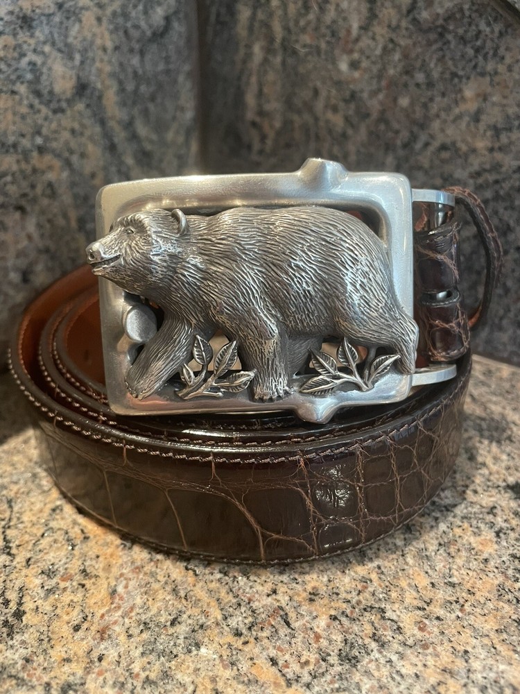 HUGE Kieselstein Sterling Grizzly Bear Buckle W/ Brown Alligator Belt Size 9