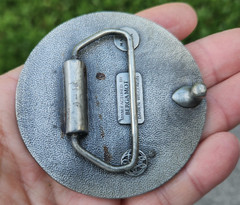 VINTAGE 1970&rsquo;S PEWTER ROUND BELT BUCKLE~BERGAMOT~FLYING EAGLE SUN RAYS STARS A48