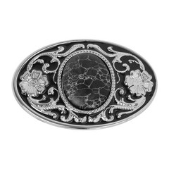 Southwestern Belt Buckle Oval Black Stone Floral Silver Tone Black Enamel