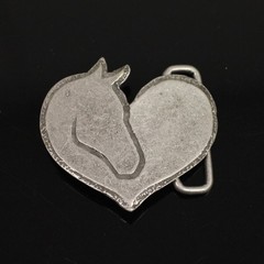 Country Style Horse Head Heart Belt Buckle in Dark Silver, Vintage Interchangeable Buckle