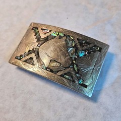 Vintage Alpaca Mexico Horse Head Abalone Shell Inlay Silver Tone Belt Buckle
