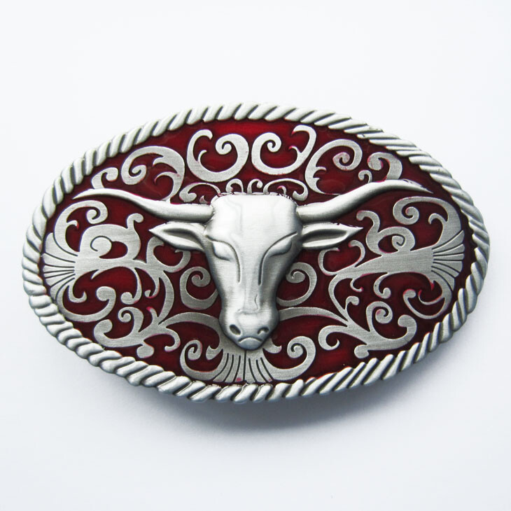 Longhorn Bull Western Red Enamel Metal Belt Buckle